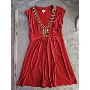 eci New York Women’s Size 6 Red Beaded Rhinestone Dress Stretchy Tie Back EUC